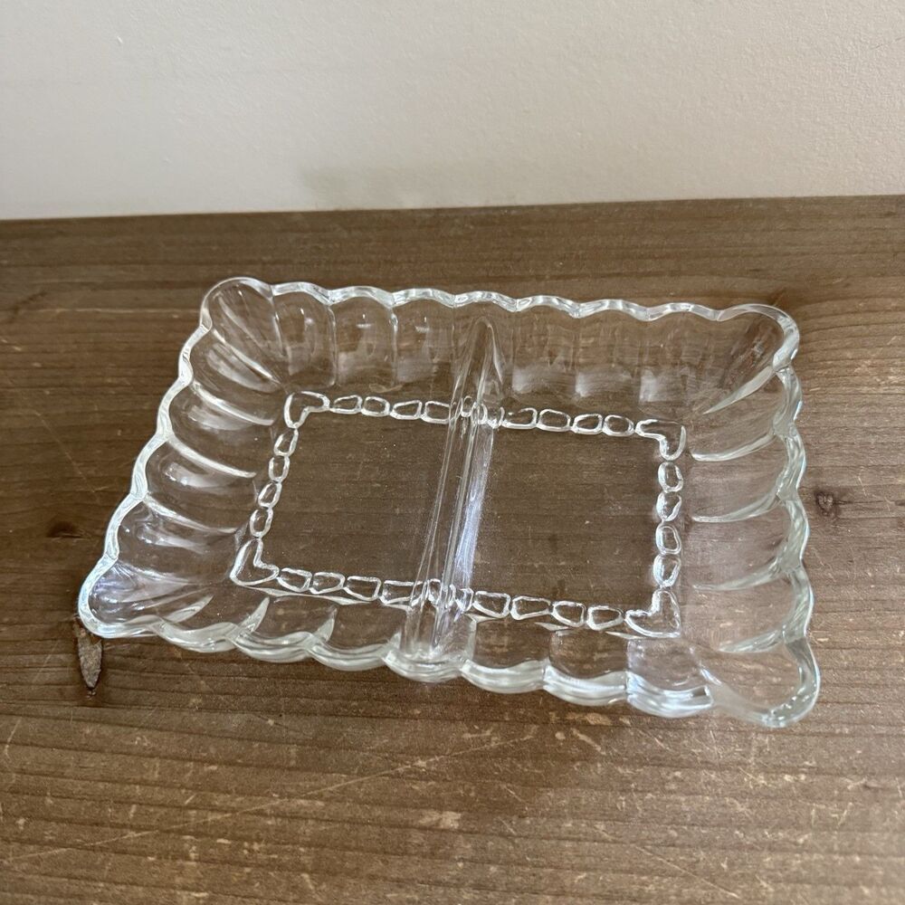 Vtg Depression Glass Divided Relish Dish Clear Rectangular with Scalloped Edge